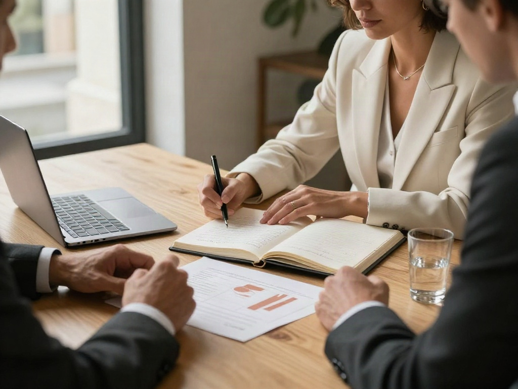 Business consultants reviewing analytical charts and strategic priorities around an oak meeting table